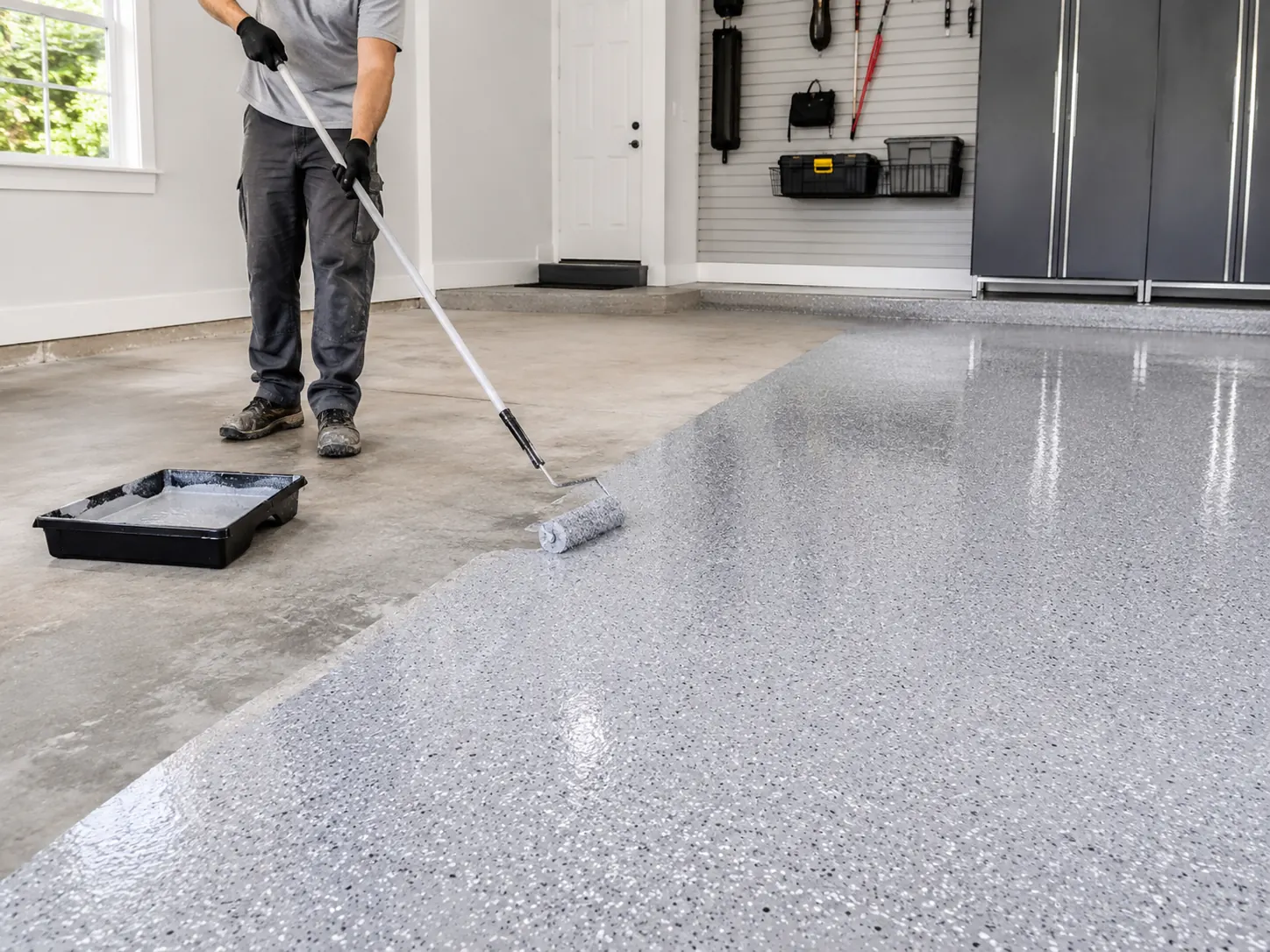 Garage floor coating roller application in Logansport, IN